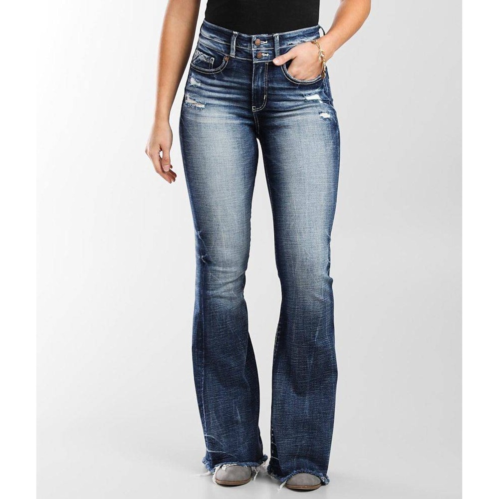 Buckle Black Fit No. 75 Flare Jeans 25x30 High Rise Distressed Raw Hem Blue